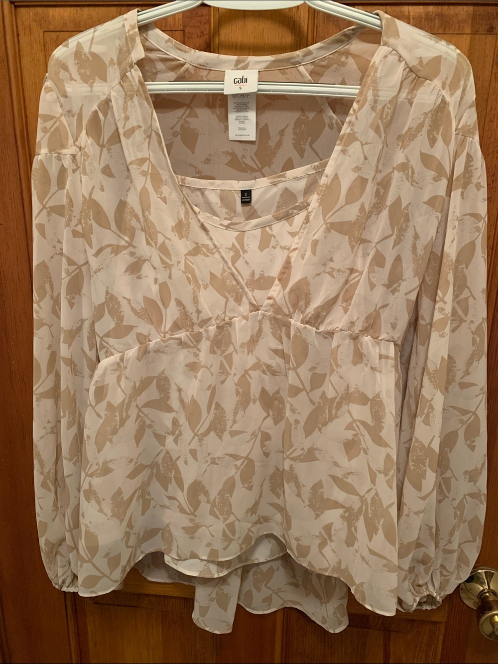 CAbi Cream and Beige Leaf-Print V-Neck Blouse